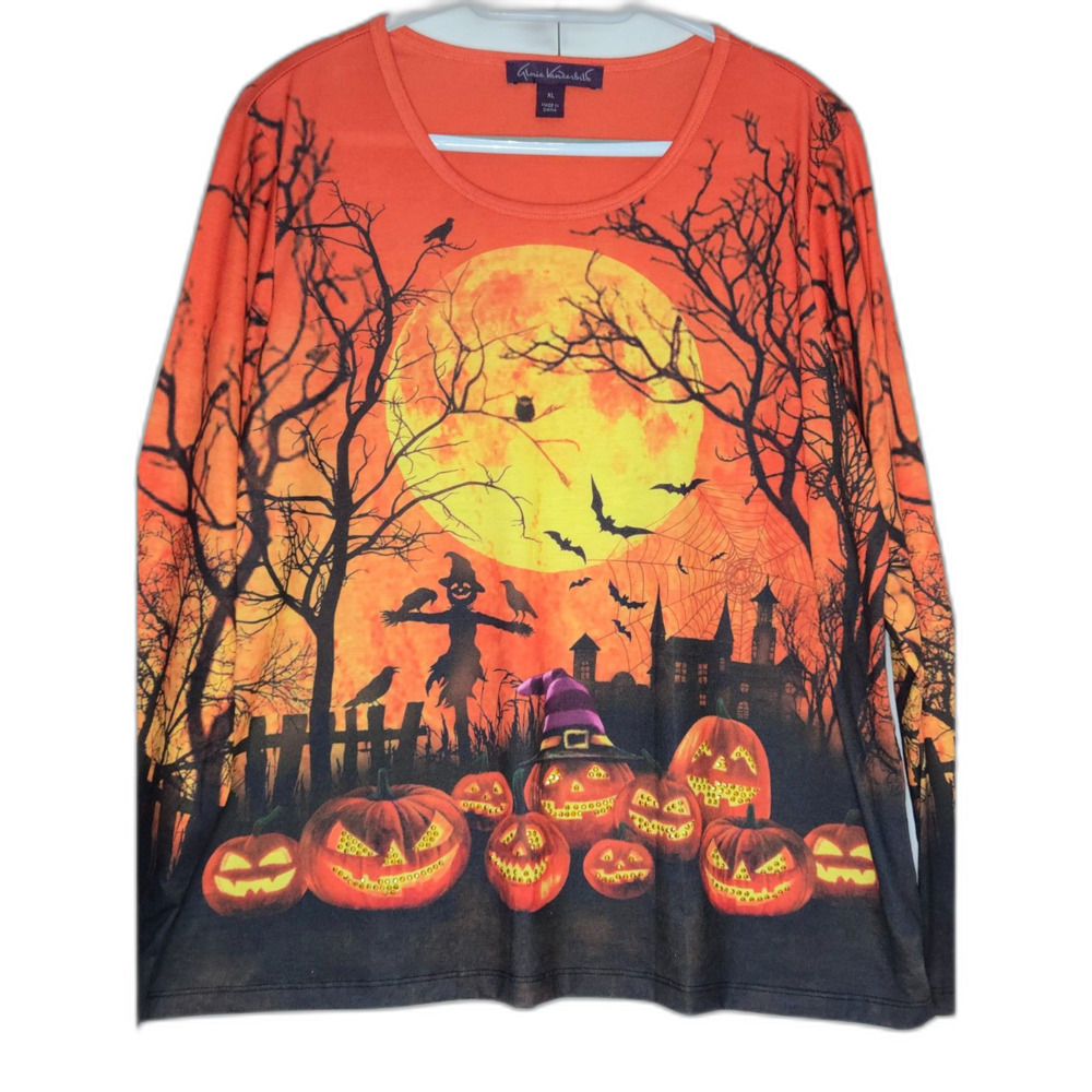 Gloria Vanderbilt Spooky Halloween Scene Shirt | Women's Size XL | Orange Black